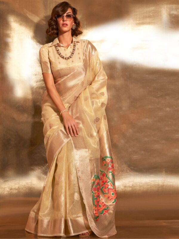 Beige Zari Tissue Hand Woven Paithani Saree 2 scaled 1