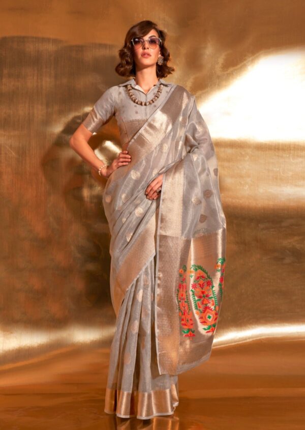 Grey Pure Banarasi Tissue Silk Handloom Saree 3