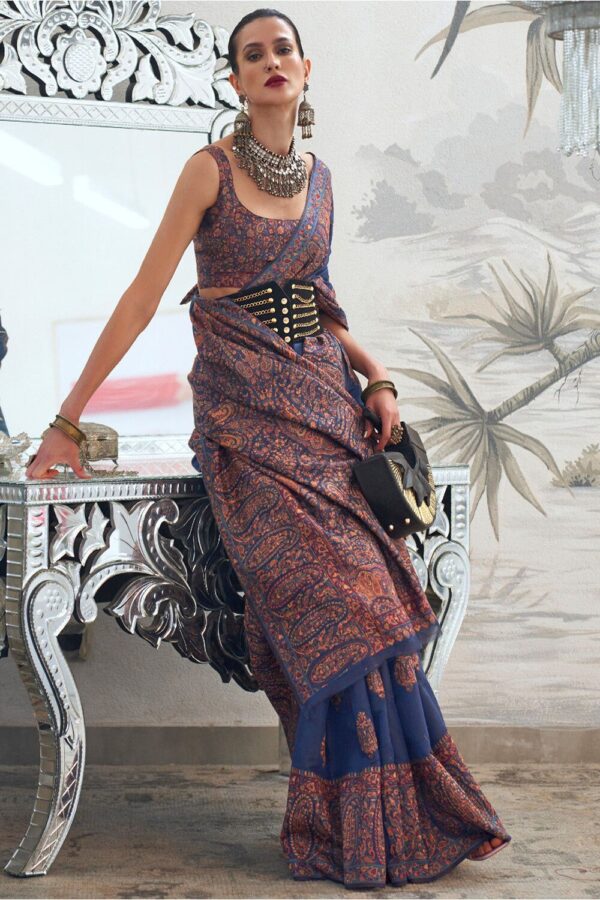 Navy blue jamevar saree 5