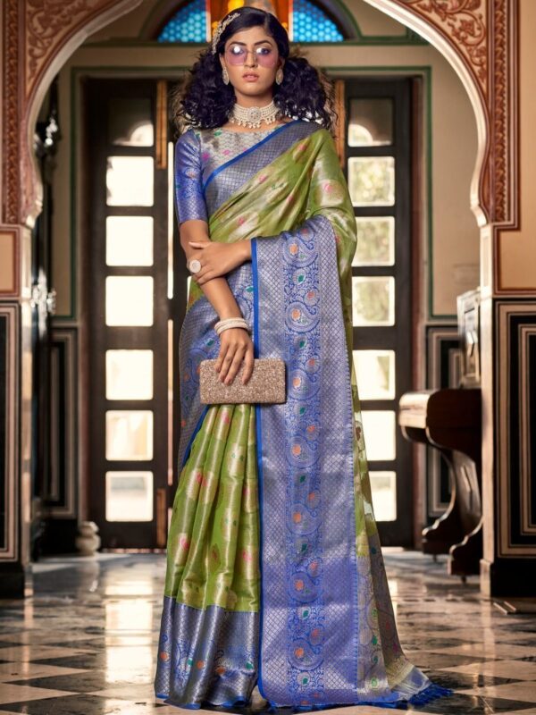 Olive Green Blue Organza jacquard saree 2