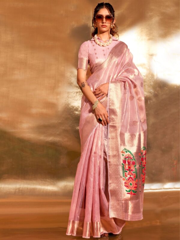 Pastel Pink Zari Woven Tissue Silk Wedding Saree 2 scaled 1