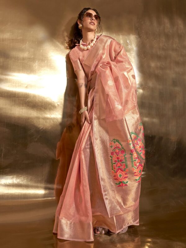 Peach Ethnic Motif Zari Woven Tissue Saree 4