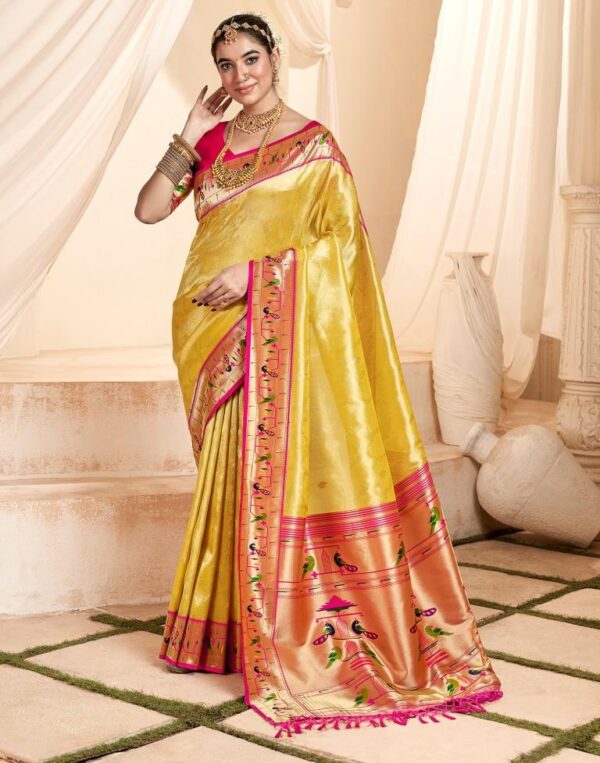 Yellow Jacquard Weaving Tissue Silk Paithani Saree 2