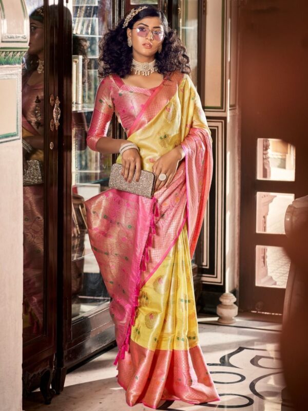 Yellow Pink Organza jacquard saree 1