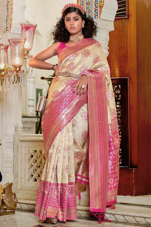 beige and pink banarasi saree 2