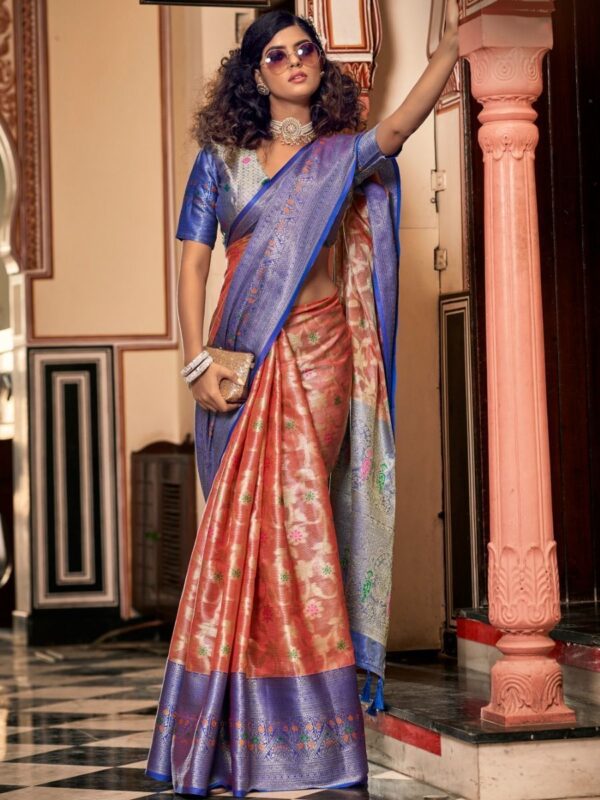 orange and blue organza saree 1