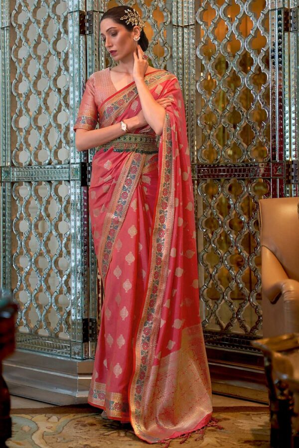 peach banarasi silk saree 4