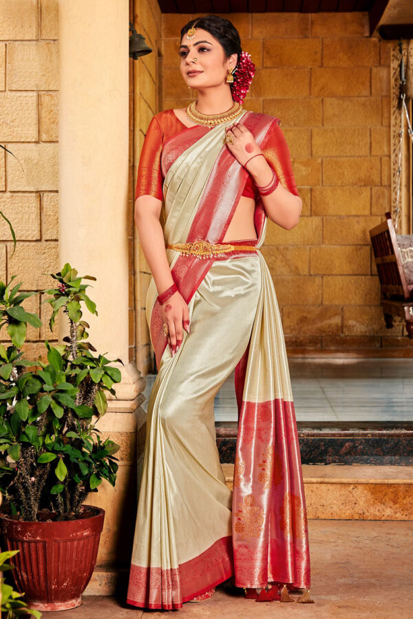 red and beige kanjivaram saree 1