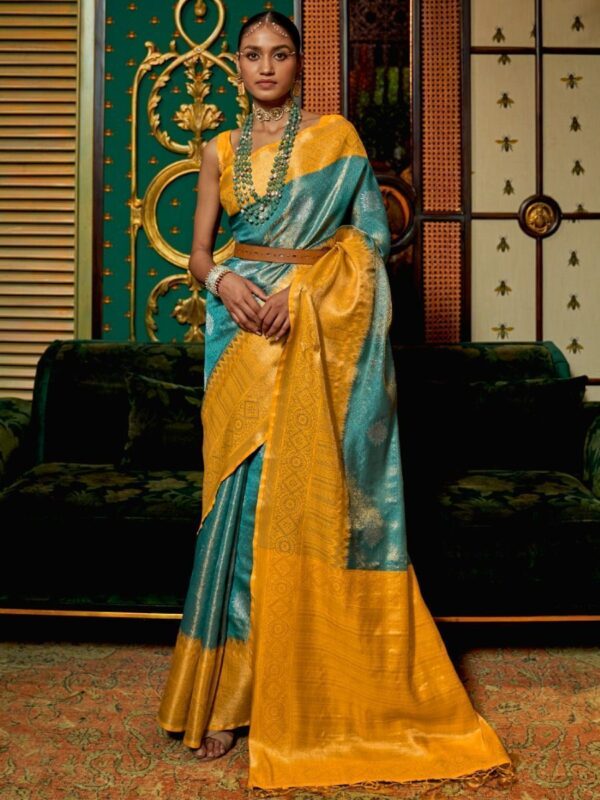 yellow and blue kanjivaram saree 1