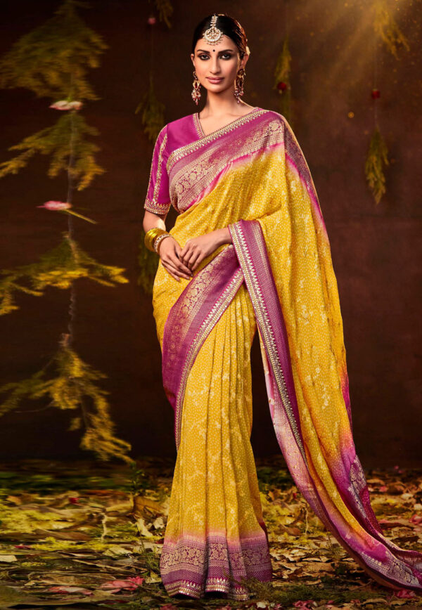 yellow and pink georgette saree 1